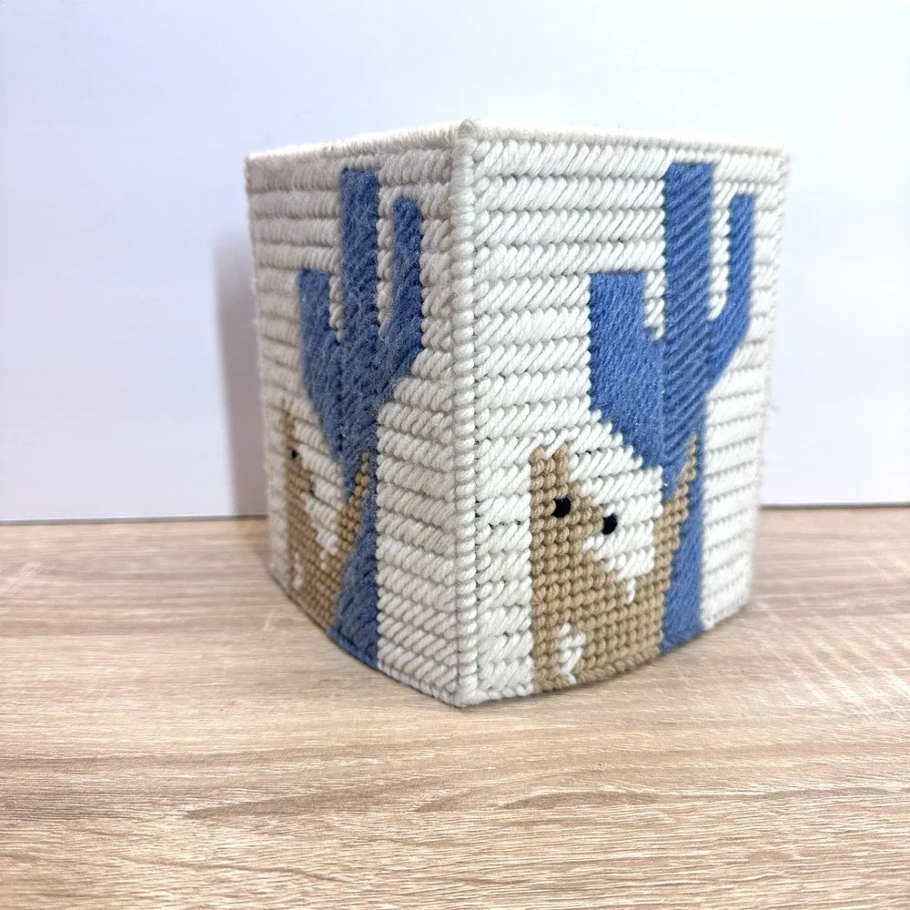 Vintage Cross Stitch Tissue Box Cover Square Vertical Coyote & Saguaro Southwest